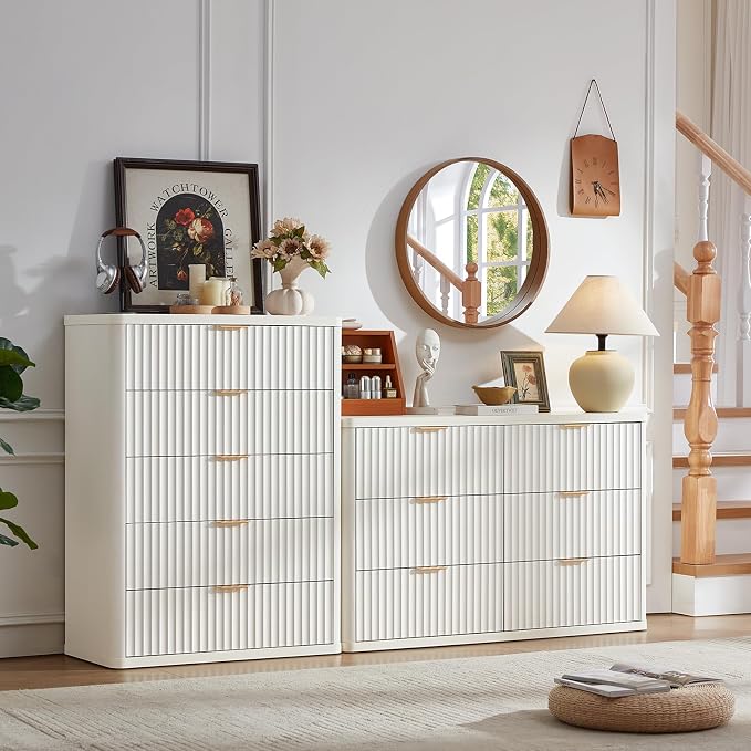 LEYAOYAO Fluted 5 Drawers Dresser for Bedroom, 41" Tall Modern Chest of Drawers with Metal Handle, Curved Profile Farmhouse Closet Organizer Wood Dressers TV Stand for Living Room,Antique White - Image 9