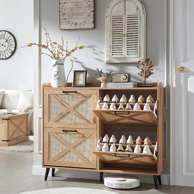 Barnyatoh Shoe Storage Cabinet, Boho Shoe Organizer with 4 Flip Drawers & Rattan Design,Farmhouse Freestanding Hidden Slim Narrow Shoe Rack Cabinet for Entryway, Foyer,Hallway,Natural by Barnyatoh