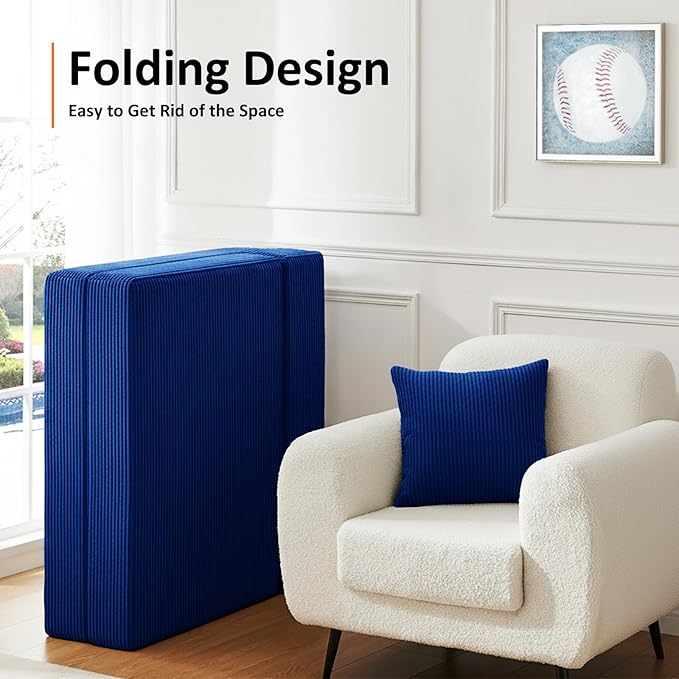 Queen Size Folding Sofa Bed - 4 in 1 Convertible Sleeper Chair with Two Pillows - High Density Memory Foam Futon Couch - Foldable Bed for Living Room Bedroom (Blue)
