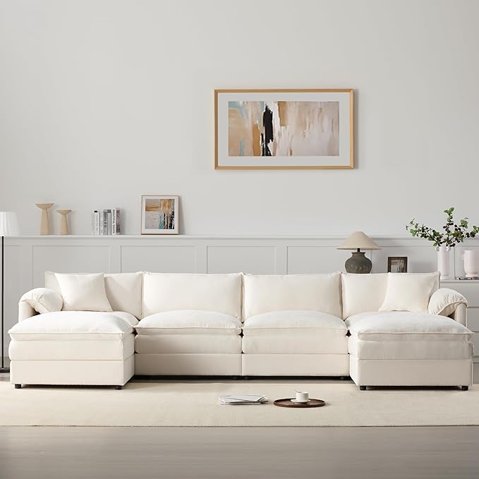 Merax 136" Chenille Modular Sectional Sofa, 6-Seat U-Shaped Oversized Cloud Couch Set, with Double Cushions and Movable Ottomans, Deep & Wide Seating, Cream