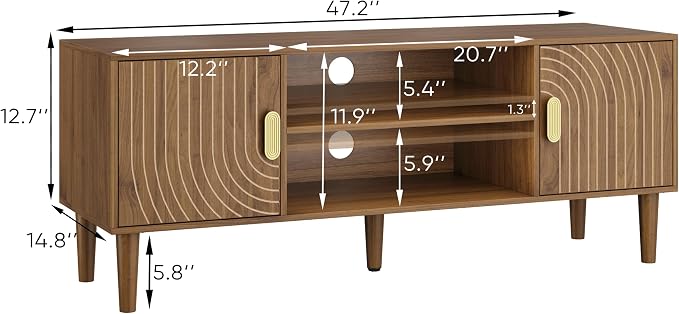Smuxee Walnut TV Stand with Line Groove Design, 47.2" Mid Century Modern TV Media Console for TVs up to 55", TV Cabinet with Adjustable Shelf & 2 Cabinets for Living Room - Image 7