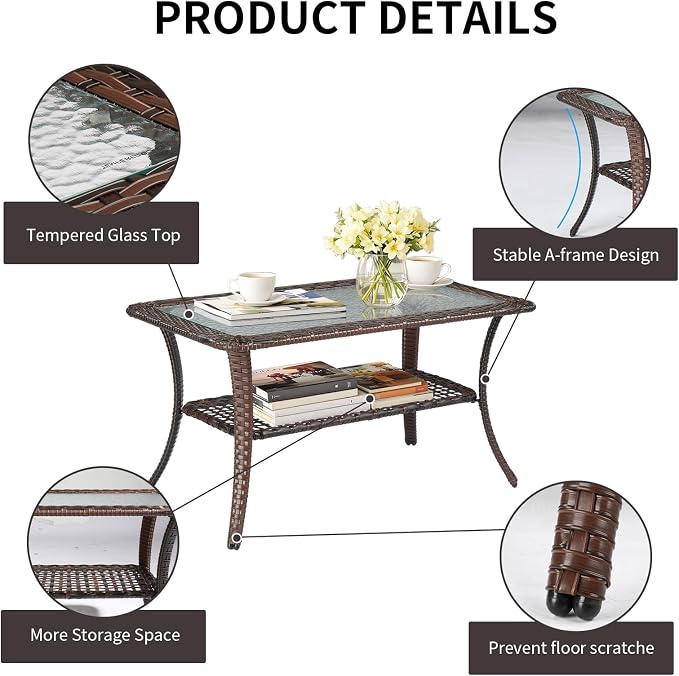 VINGLI Outdoor Coffee Table with Storage Wicker Patio Coffee Table, Tempered Glass Top Coffee Table for Patio Outside Balcony Porch Deck (Brown) - Image 5