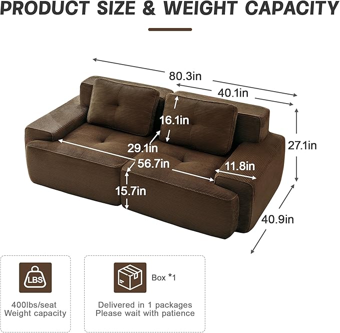 Casaphoria 80'' Corduroy Couch Sectional, 2 Seater Boneless Couches for Living Room, Brown Modular Cloud Sofa with 2-Pillow, Extra Deep Seat Sofa with No Assembly