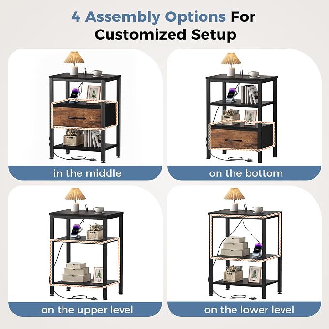 OLIXIS Nightstands Set of 2 with Charging Station, Bedside Tables with USB Ports and Fabric Drawer, Small Night Stand with Open Adjustable Shelf, Compact End Table for Bedroom, Rustic Brown - Image 6