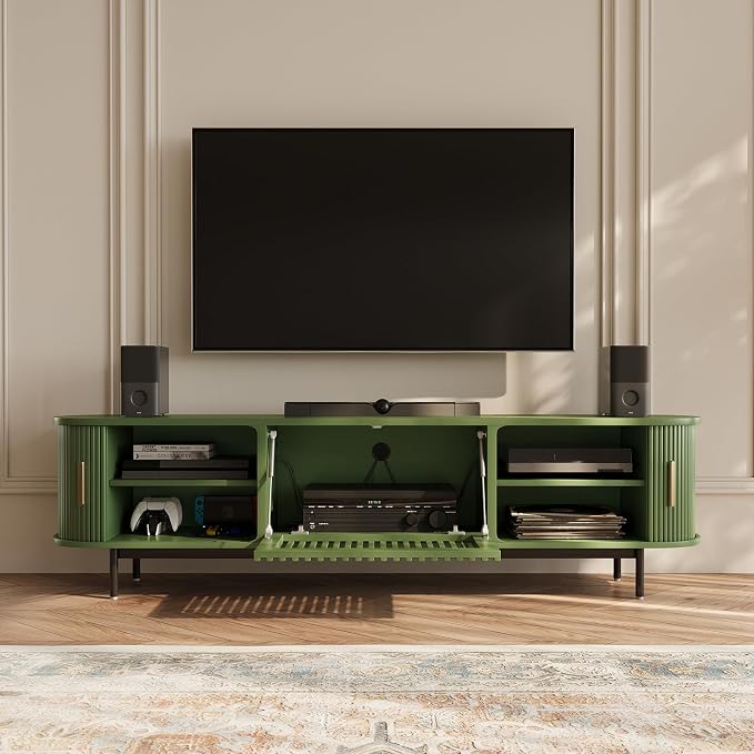 POVISON Fully-Assembled Modern Green TV Stand with Tambour Doors, Fluted TV Media Console for 65 Inch TVs, Sliding Door Entertainment Center with Storage for Living Room (Green, 70.87") - Image 2