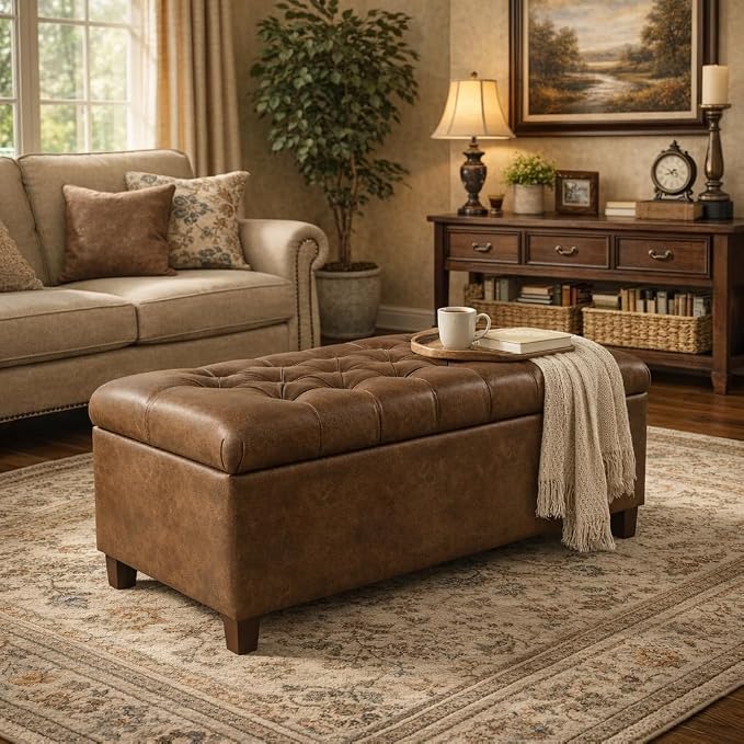 Homepop Home Decor | Button Tufted Storage Bench | Ottoman Bench with Storage for Living Room & Bedroom, Distressed Brown Faux Leather - Image 2