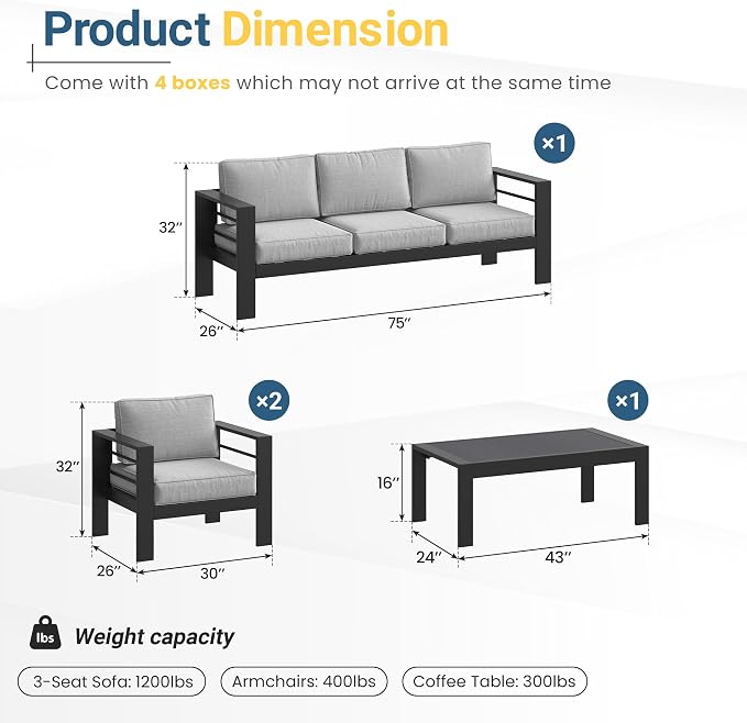 Solaste Aluminum Outdoor Patio Furniture Set, 5 Seats Patio Sectional Sofa with 5" Thick Cushion, Outdoor Patio Set with Coffee Table for Porch, Yard, Backyard, Deck, Light Grey - Image 2