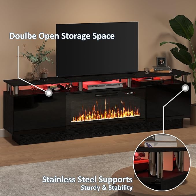 PUKAMI 80" Fireplace TV Stand with 36" Electric Fireplace, LED Light Entertainment Center with Storage, 2 Tier Modern Wood Media TV Console with Highlight Cabinet for Living Room, Black - Image 6