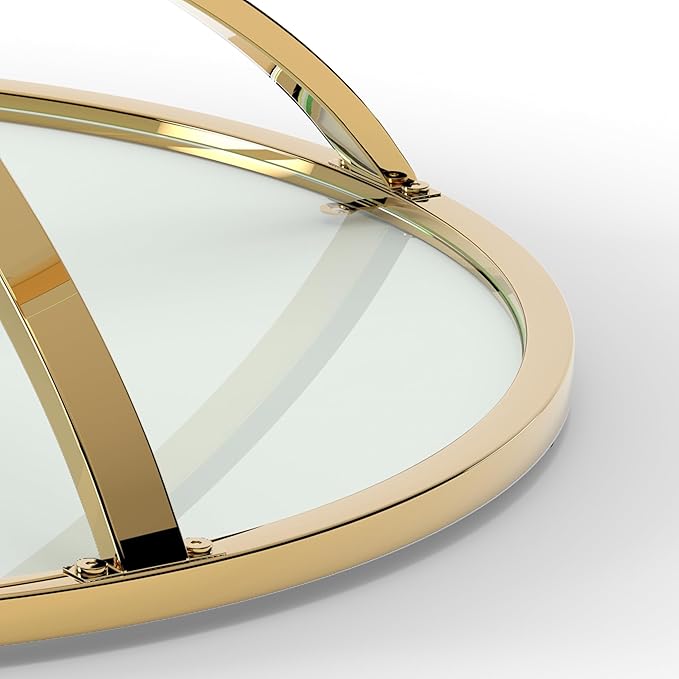 32" Tempered Glass Round Coffee Table Modern Gold Frame Dome Base Two Tiers Circle Living Room Center Tables