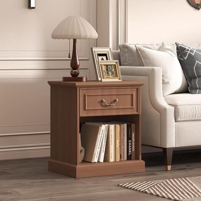Nightstand Set of 2 with Drawer and Open Shelf, Wooden Bed Side Table for Bedroom, Modern End Table Side Table for Living Room, Small Night Stand Set 2 Furniture for Small Spaces (Walnut) - Image 2