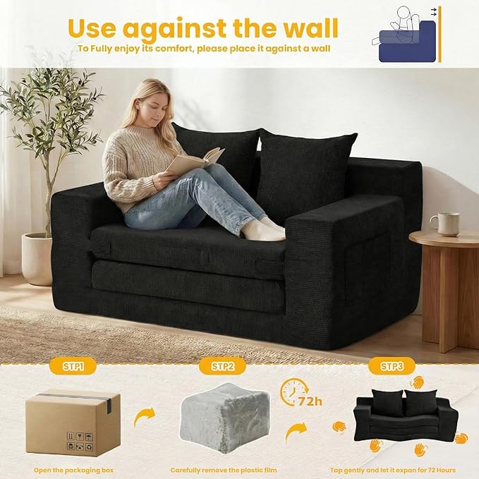 Boneless Loveseat Sleeper Sofa Bed: 3-in-1 Convertible Sofa Bed with Side Pockets & Handle,Pull Out Couch with 2 Pillows,Folding Futon for Small Space,Living Room & Bedroom,Chenille Fabric,No Assembly