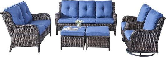 Rilyson Wicker Patio Furniture Set - 6 PC Rattan Outdoor Sectional Conversation Sets with 2 Rocking Swivel Chairs,2 Ottomans,1 Sofa and 1 Loveseat for Porch Deck Garden(Brown/Blue)