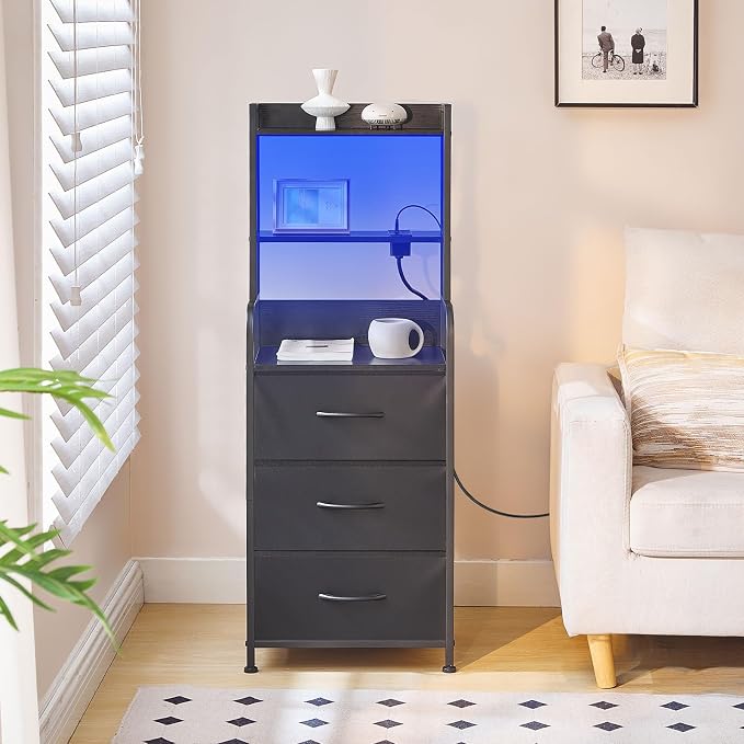 HOOBRO Tall Nightstand with Charging Station, LED Bedside Table with 3 Fabric Drawers and Open Shelves, USB-A, Type-C, 2 AC Outlets, Modern End Table for Bedroom, Black BB206UDBZ01 - Image 2