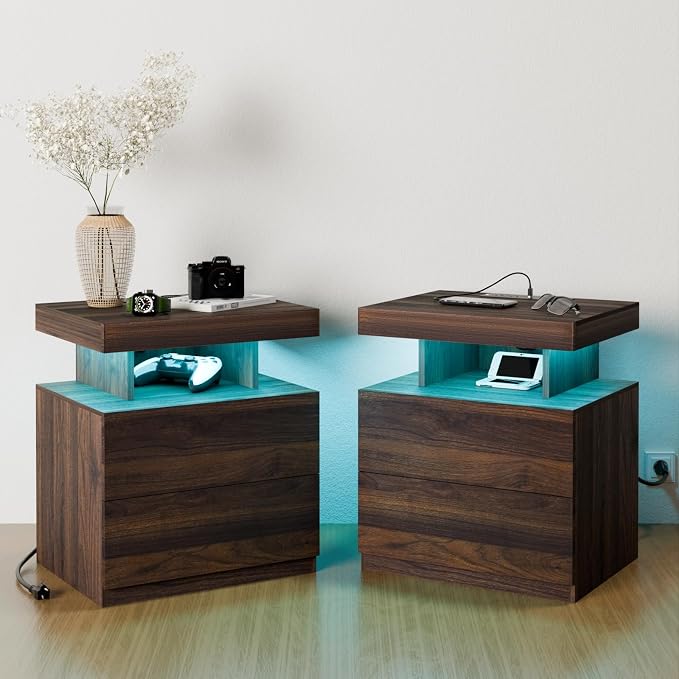 HOMMPA LED Nightstand Set of 2, Night Stand with Wireless Charging Station & USB Ports, High Gloss Bedside Table with LED Light Adjustable Brightness, Smart Nightstand 2 Drawers for Bedroom Walnut by Hommpa