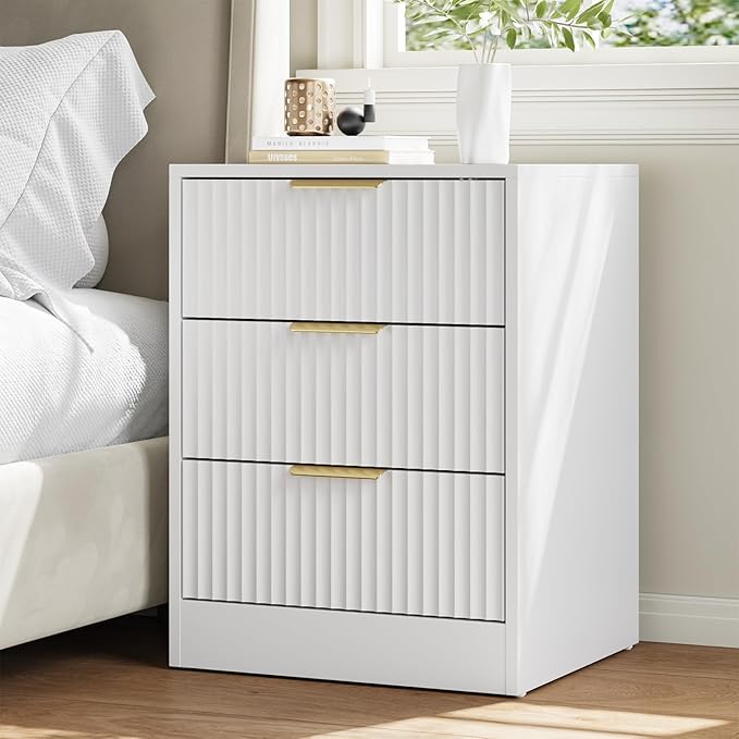 8 Drawer Dresser & Nightstand Set 3-Piece, 55” Wide Tall Fluted Dresser and Night Stand Set of 2 with Metal Handle, Modern Wood Chest of Drawers Storage Dressers Set for Bedroom, White