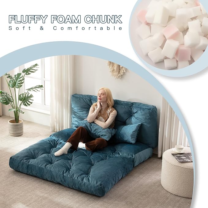Folding Sofa Bed, Convertible Sleeper Chair with Pillow Foldable Mattress with Back Support, Portable Fold Out Chair Bed Comfy Floor Sofa Lounge for Living Room Bedroom, Blue Full 80x54 Inch