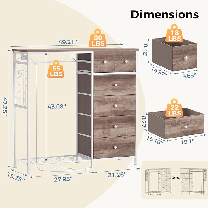 DUMOS Dresser for Bedroom with Hanging Rack, 6 Drawer Fabric Dresser with Charging Station and LED Lights, Closet Organizer & Storage Tower for Living Room, Entryway, Apartment, Oak Greige - Image 3