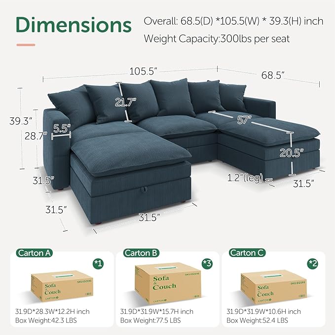 HONBAY Modular Sectional Sofa, 105.5 Inch Deep Seat U Shaped Couch with Storage & Adjustable Armrest Backrest, Blue