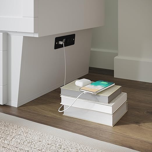 AFI, Chelsea Mid-Century Modern Full Wood Murphy Bed Chest with 6" Mattress, Storage Drawer & Built-in USB Charger, White