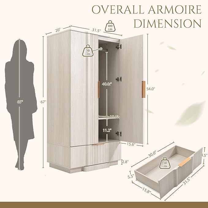 Yechen 67" Fluted Armoire Wardrobe Closet Set of 3 with Doors and Drawer, Wooden Wardrobe Closet Cabinet with Adjustable Shelve, Modern Small Armoires Storage Clothes, Coats for Bedroom, White, 3pcs