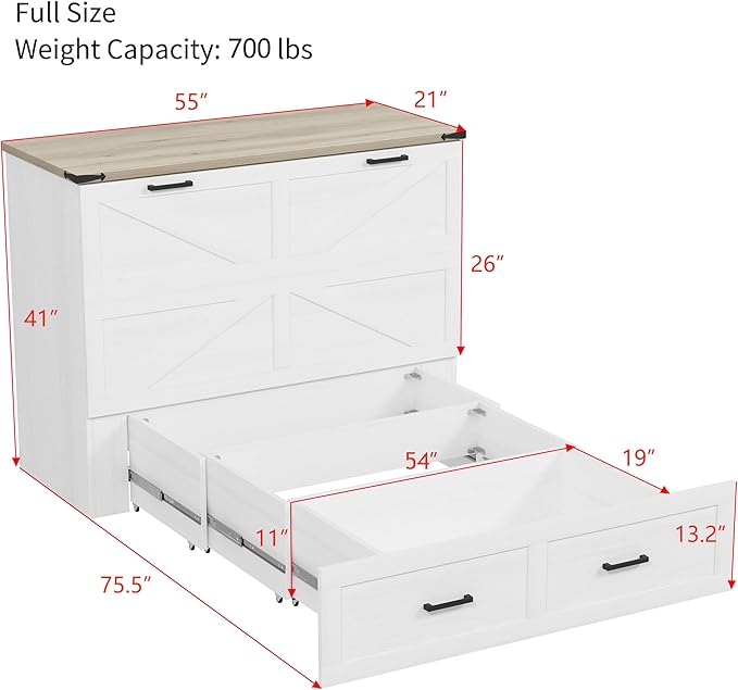 Bellemave Full Size Murphy Bed, Cabinet Bed with Charging Station and Storage, Farmhouse Murphy Cabinet with Foldable Panel, Noisy Free, for Guest Bedroom, Living Room, Office, White