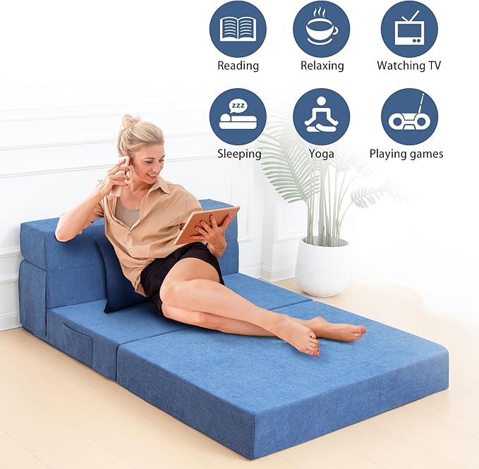 Folding Sofa Bed Chair with Pillow,Convertible Fold Out Chair Bed Sleeper,Foam Floor Mattress, Foldable Futon Couch Bed for Living Room/Dorm/Guest/Office (Blue, Twin)