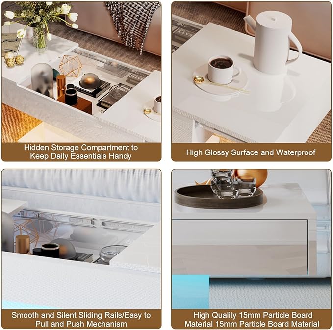 White Modern Coffee Table with Hidden Storage for Living Room, Living Room Table Rectangular Center Tables Sliding Top with LED Lights, Wooden Cocktail Table for Reception Room