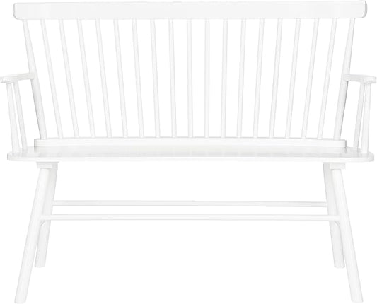 SAFAVIEH Home Collection – Addison White Solid Wood Spindle Back Loveseat Bench, Farmhouse Settee for Entryway Living Room or Dining Area (AMH8513B)