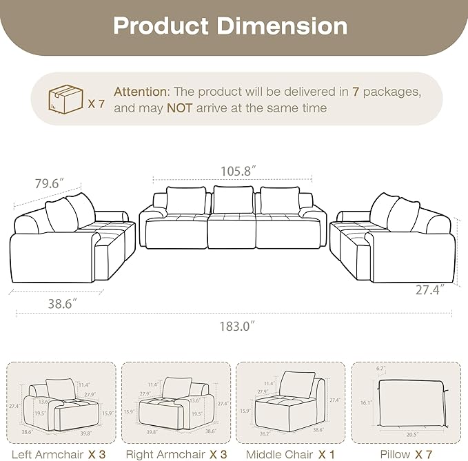 Modular Sectional Sofa, Boneless Couches for Living Room, Corduroy Couch, Big Comfy Couch, Modular Cloud Sofa with Deep Seat (Black, 7 Pieces-Rowshape 3 Side)