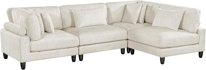 Lexicon 120 Inch Modular Sectional Sofa - Oversized 4 Seater Microfiber L Shaped Sectional Couch, 6 Accent Pillows, and Flexible Arrangement for Modern Living Rooms, Beige