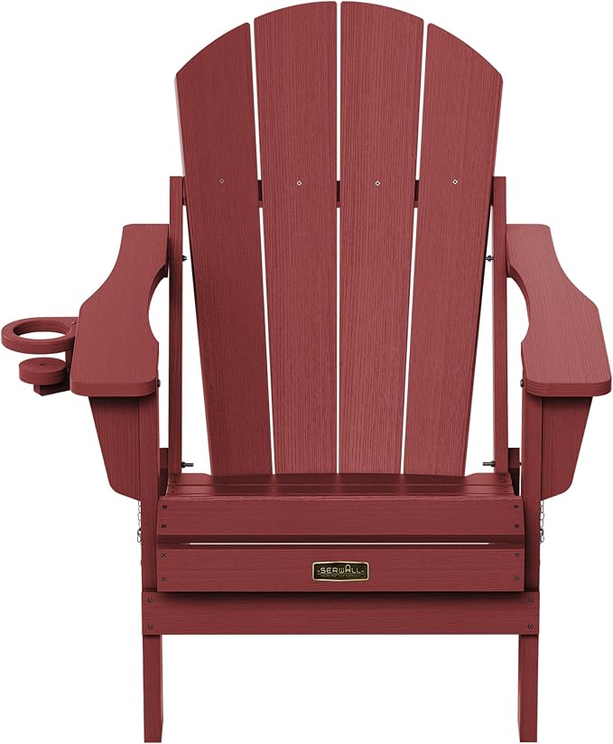 SERWALL Folding Adirondack Chair Set of 6 Weather Resistant Lawn Chairs with Cup Holder for Patio - Red - Image 10