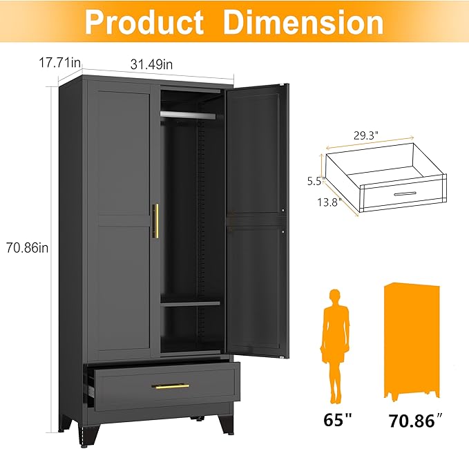 Ckzbx 71" H Metal Armoire Wardrobe Closet with Drawer, Adjustable Shelf, Clothes Drying Pole, Clothes Storage Closet for Bedroom (Black)