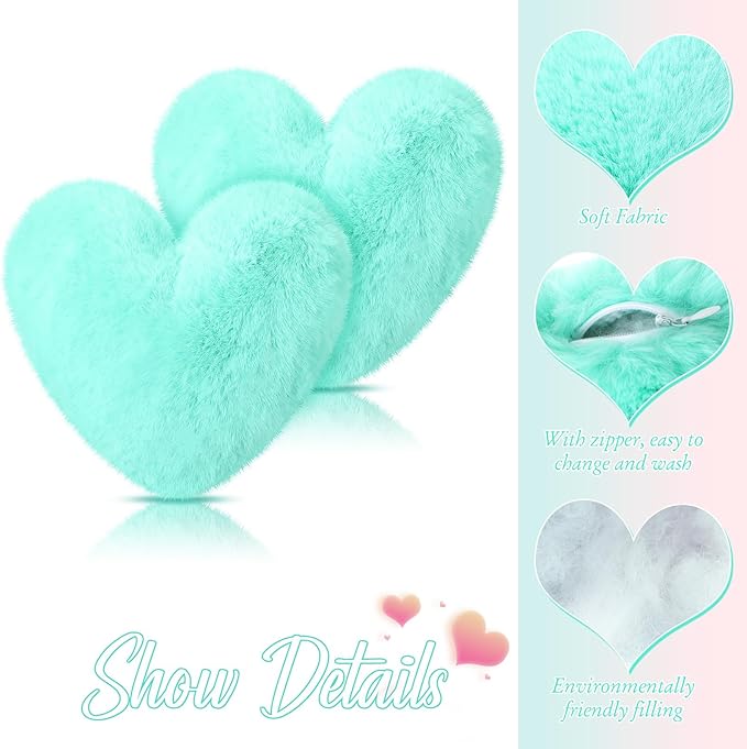 Marsui 2 Pcs Heart Throw Pillows, Soft Fluffy Faux Fur Decorative Hearts Shaped Pillows for Living Room Sofa Bed, Cute Heart Themed Gift for Women(Mint,11.81 x 11.02 Inch)