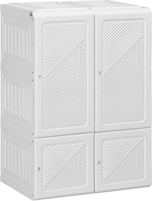 HOMCOM Portable Wardrobe Closet, Folding Clothes Storage Organizer with 3 Cube Compartments, Hanging Rod, 4 Magnet Doors, White