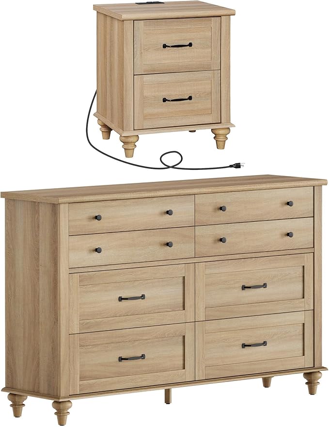 WAMPAT 2 Piece Bedroom Set - Includes 8 Drawer Dresser for Bedroom, Light Wooden Nightstand with Charging Station & Drawers, 2 Piece Dresser and Nightstand Sets, Oak