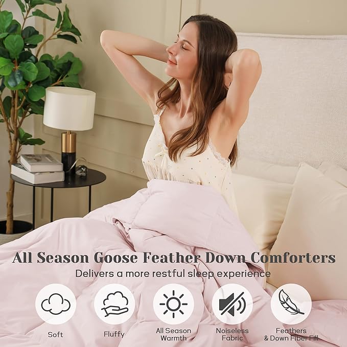 Joysoul Twin Size Down Comforter - All Season Ultra Soft Goose Down & Feather Fiber Fill, Luxury Hotel Pink Duvet Insert with Corner Tabs (68" X 88")
