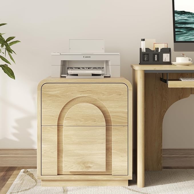Bestier Night Stand Set 2, 23.6" Farmhouse Nightstand with Charger Station, Mid Century Modern Bedside Table with 2 Drawers, Arch Doors & Rounded Nightstand, End Tables for Bedroom, Natural Oak - Image 8
