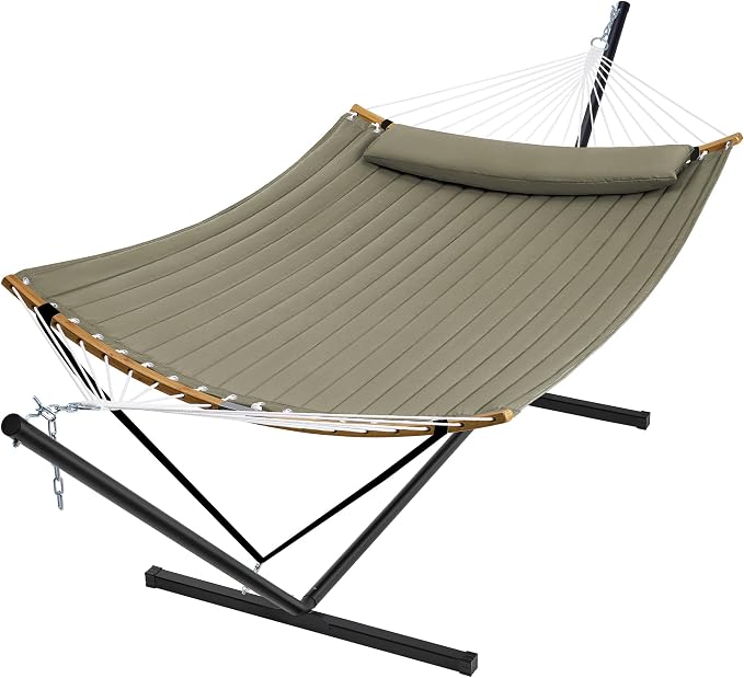 SUPERJARE Curved-Bar Hammock with Stand, 2 Person Heavy Duty Hammock Frame, Detachable Pillow & Portable Carrying Bag, Perfect for Outdoor & Indoor, Olive Gray by SUPERJARE