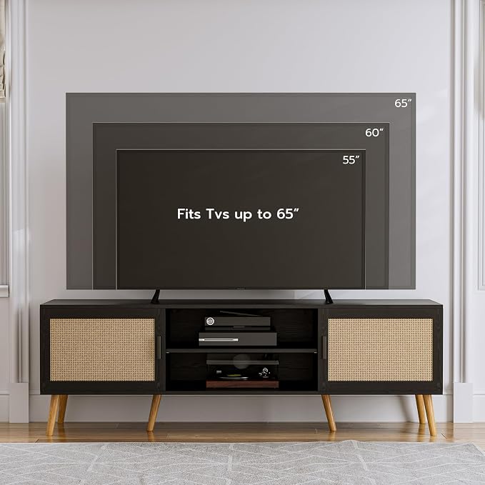 ZttRiee TV Stand for TVs up to 65'', Entertainment Center with Rattan Door, Shelves & 2 Cabinets, Boho Media TV Console for Living Room, Bedroom, Black - Image 3