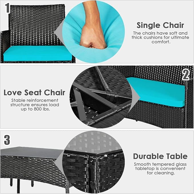 4 Pieces Patio Furniture Set, Outdoor Conversation Set with Ergonomic Curved Backrest, Patio Chair Set with Water-Resistant Cushion & Tempered Glass Table for Balcony,Porch (Turquoise)