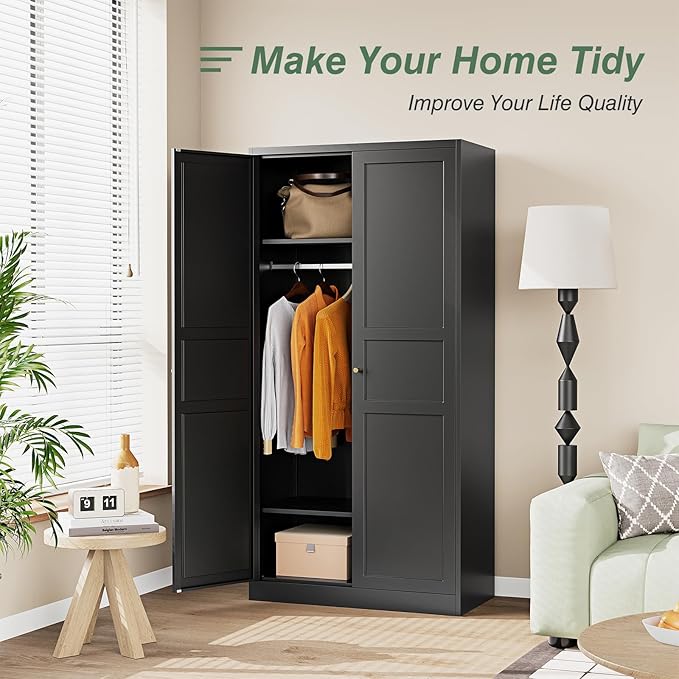 Metal Wardrobe Closet Cabinet,Armoire Wardrobe Closets Storage Cabinets with Doors and Shelves for Laundry Room,Bedroom,Home Office,Bathroom(Black