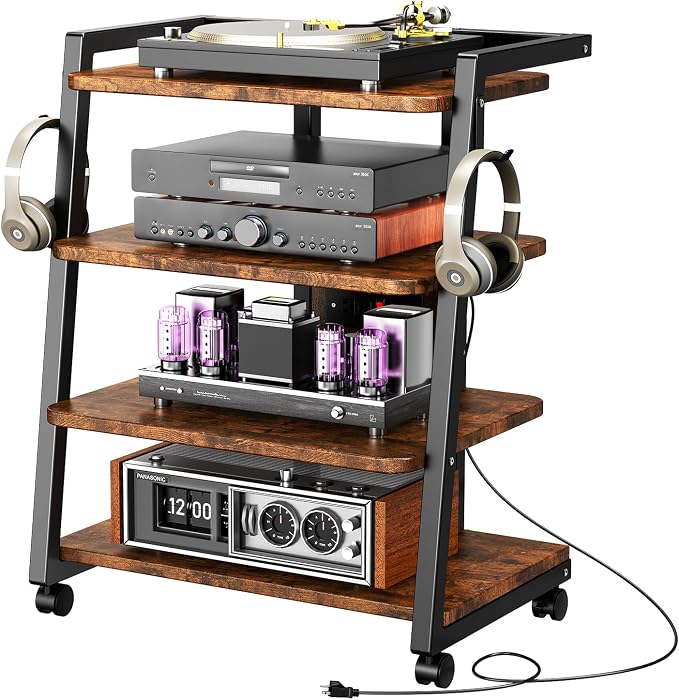 CABTE Mobile AV Media Stand with Outlets and 4 Rolling Caster Wheels, 4-Tier Rolling TV Stand for Gaming Console, Stereo, DVD Player, Sturdy Metal Frame, Versatile Living Room,Bedroom (Retro Brown) by CABTE