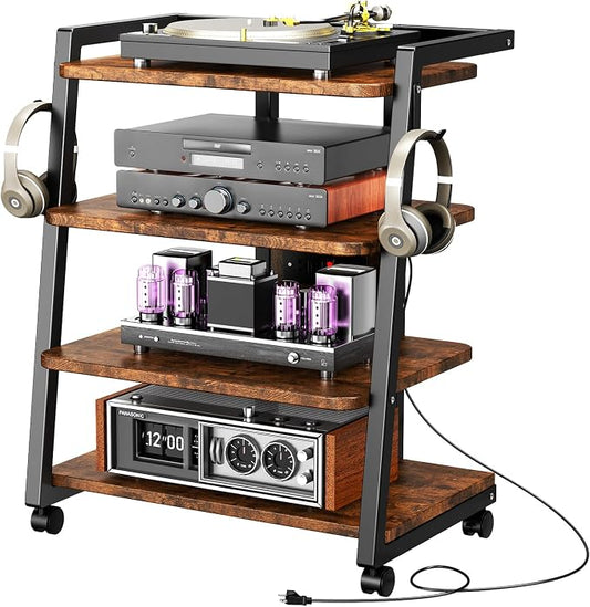 CABTE Mobile AV Media Stand with Outlets and 4 Rolling Caster Wheels, 4-Tier Rolling TV Stand for Gaming Console, Stereo, DVD Player, Sturdy Metal Frame, Versatile Living Room,Bedroom (Retro Brown) by CABTE