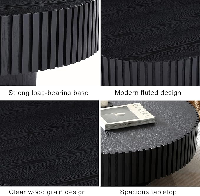 39" Round Black Coffee Table for Living Room, Mid Century Modern Coffee Table with Sturdy Pedestal, Circle Center Table Accent Tea Table for Apartment