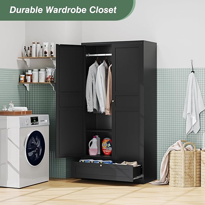 Metal Wardrobe Closet Cabinet,Armoire Wardrobe Closets Storage Cabinets with Drawer,Metal Storage Cabinet with Doors and Shelves for Laundry Room,Bedroom,Home Office,Bathroom(Black)