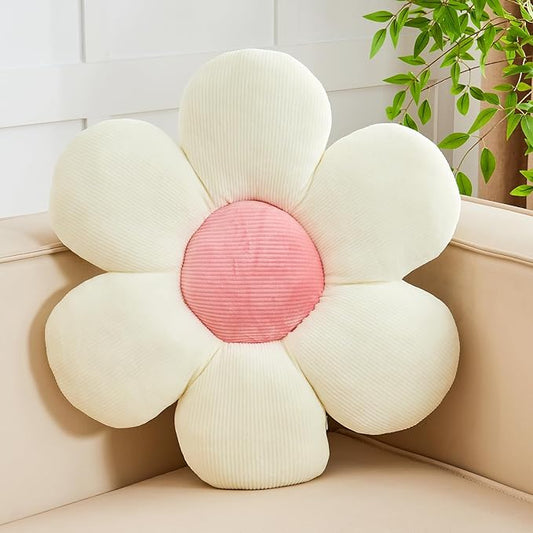 Kcvvcr White Pink Flower Pillow, 19.6" Cute Flower Shaped Floor Pillow, Aesthetic Floral Plush Daisy Decorative Throw Pillows for Bed Sofa Couch