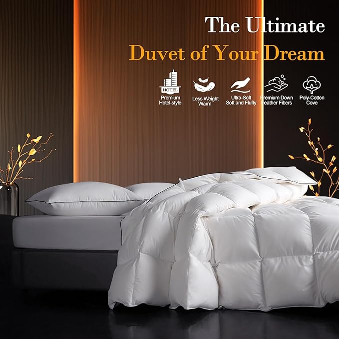 Down Fibers Comforter Twin Size,Luxurious All Seasons Hotel Collection Duvet Insert,54 Oz High Bulkiness Medium Warmth,Fluffy & Breathable for Bedroom, Guestroom, Hotel (White,68x90)