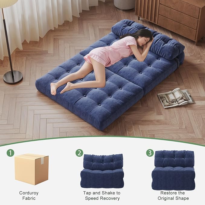 GarveeHome Folding Sofa Bed, Floor Folding Couch with Pillow, Futon Sofa Bed Convertible Sleeper Chair Foldable Mattress Back Support, Portable Fold Out Couch, Full, Corduroy, Dark Blue