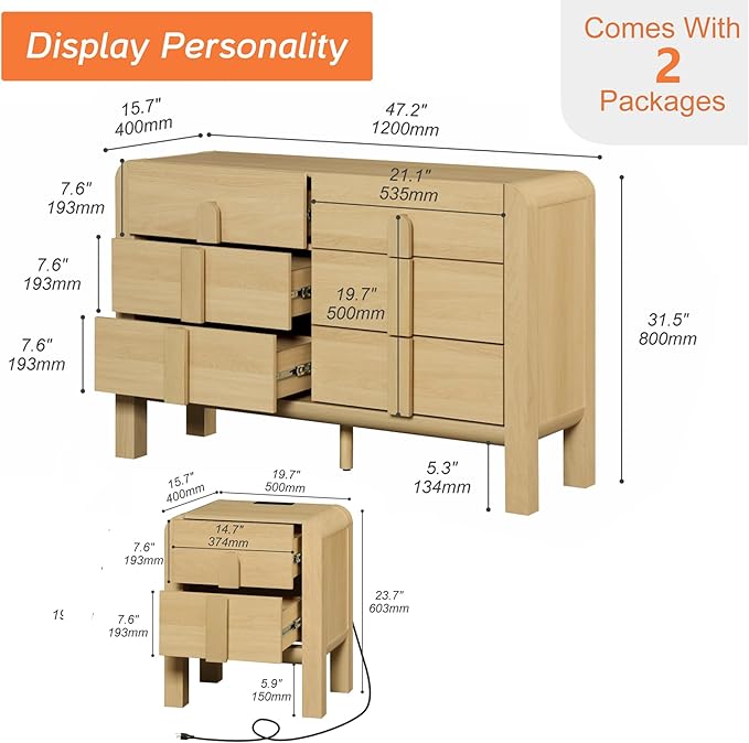 WAMPAT Dresser and Nightstand Sets, 47.2" W Mid Century Modern Chest of Drawers, Wood 6 Drawer Dresser & Nightstand with Charging Station, Curved Profile Design (Oak, 2 PCS)