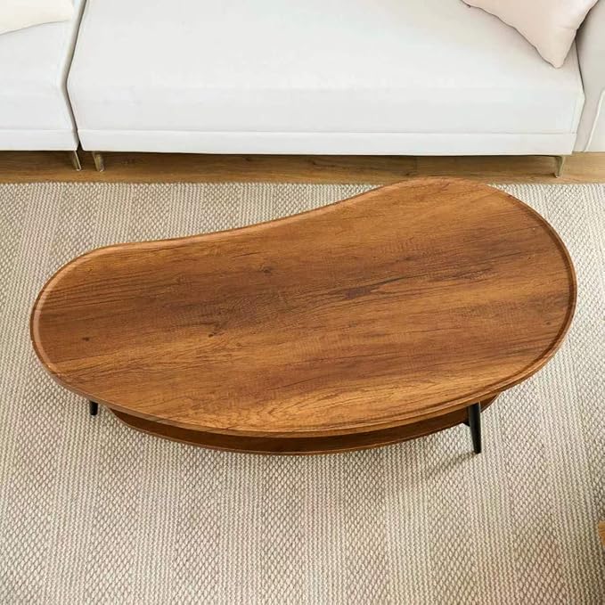 Shrine Mango-Shaped Wood Coffee Table, Mid-Century Modern Coffee Table, Brown Walnut Table for Living Room, D47.2''x W25''x H15.3'', Sleek Conical Metal Legs with Black Finish